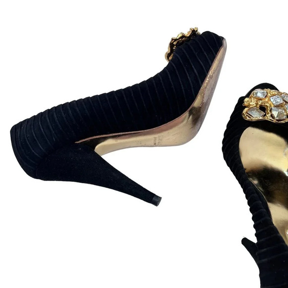 Miu Miu Black Suede Crystal Peep Toe Pumps - Picture 8 of 11